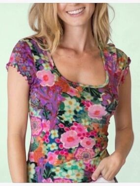 NATURAL LIFE Pink Multicolor Floral Scoop Neck Short Sleeve Top